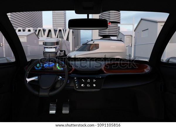 Interior of self
driving car stop at intersection road. Delivery van crossing the
road. 3D rendering
image.