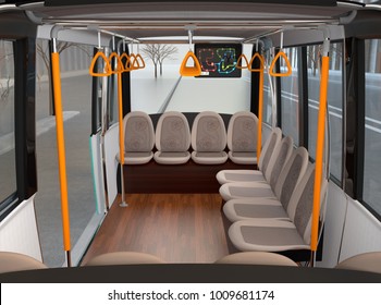 Interior Of Self-driving Shuttle Bus Waiting At Bus Station. 3D Rendering Image.