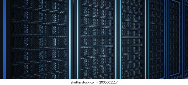 Interior Of Server Computer Data Empty Room. Power Energy Motor Machinery Cabinets In Control Room, Main Operator Station Network And Circuit Center System. Generator Support Storage. 3d Illustration