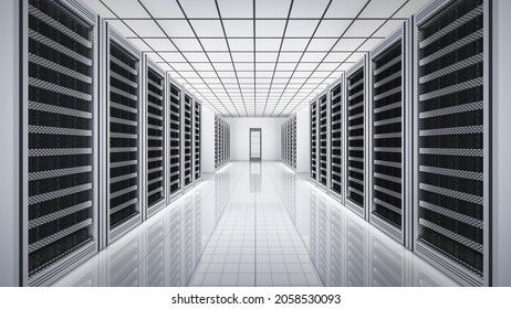 Interior Of Server Computer Data Empty Room. Power Energy Motor Machinery Cabinets In Control Room, Main Operator Station Network And Circuit Center System. Generator Support Storage. 3d Illustration