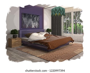 Interior Sketch Design Bedroom 3d Stock Illustration 1220997394 