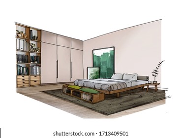 Interior Sketch Design Of Bedroom By IPad. Watercolor Sketching Idea By Interior Designer.