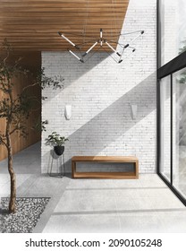 interior sketch of a hall in a modern style with a white brick wall and a tree indoors digital drawing