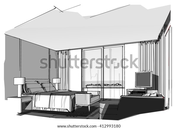 Interior\
sketches into digital color and black and\
white.
