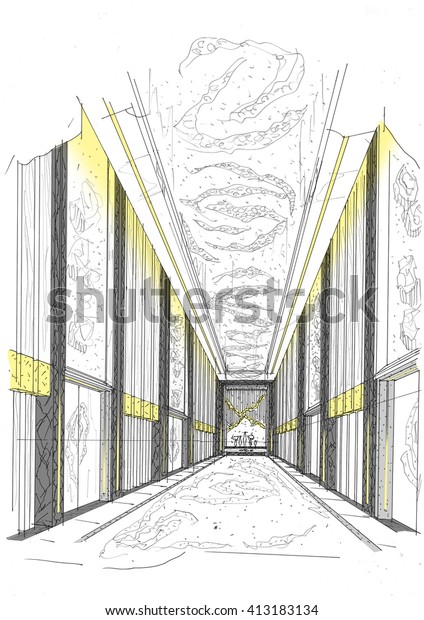 Interior\
sketches into digital color and black and\
white.
