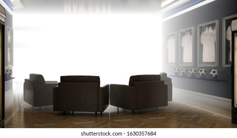 An Interior Of A Soccer Themed Man Cave With Sports Memorabilia, Lockers And Large Blinding Spotlight Surrounded By Sofas - 3D Render