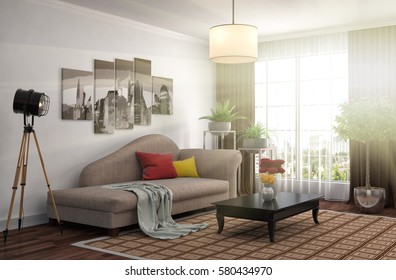 interior with sofa. 3d illustration - Shutterstock ID 580434970