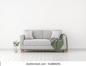 Interior with sofa, plants and plaid on empty white wall background. 3D rendering.
