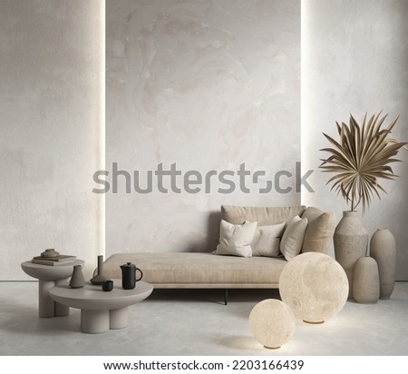 Interior with sofa, stone wall panel, backlight, moon lamp and decor. 3d render illustration mockup.