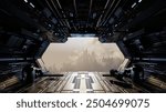 Interior of a spaceship with a view of a distant city through a large window. 3d render