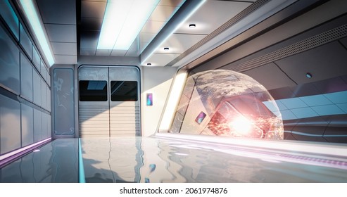 The Interior Of The Spaceship With A View From The Window To The Planet Earth. Commercial Space Travel Concept. 3d Rendering. Elements Of This Image Were Furnished By NASA 