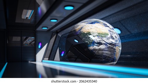 The Interior Of The Spaceship With A View From The Window To The Planet Earth. Commercial Space Travel Concept. 3d Rendering. Elements Of This Image Were Furnished By NASA 