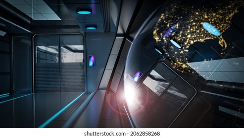 The Interior Of The Spaceship With A View From The Window To The Planet Earth. Commercial Space Travel Concept. 3d Rendering. Elements Of This Image Were Furnished By NASA 