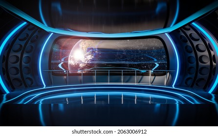 The Interior Of The Spaceship With A View From The Window To The Planet Earth. Commercial Space Travel Concept. 3d Rendering. Elements Of This Image Were Furnished By NASA 