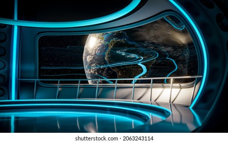 The Interior Of The Spaceship With A View From The Window To The Planet Earth. Commercial Space Travel Concept. 3d Rendering. Elements Of This Image Were Furnished By NASA 