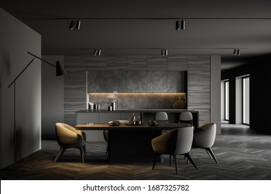 Interior of spacious kitchen with grey walls, dark wooden floor, comfortable dining table with soft armchairs, bar with stools and wooden countertops in background. 3d rendering