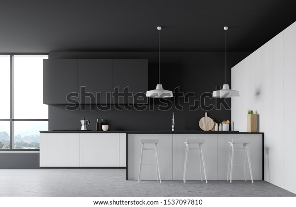Interior Spacious Kitchen White Dark Gray Royalty Free Stock Image