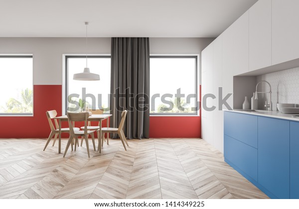 Interior Spacious Kitchen White Red Walls Stock Illustration