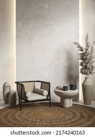 Interior With Stone Panel, Backlight, Armchair And Decor. 3d Render Illustration Mockup.