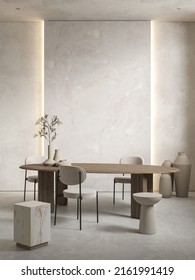 Interior With Stone Panel, Backlight And Dinner Table. 3d Render Illustration Mockup.