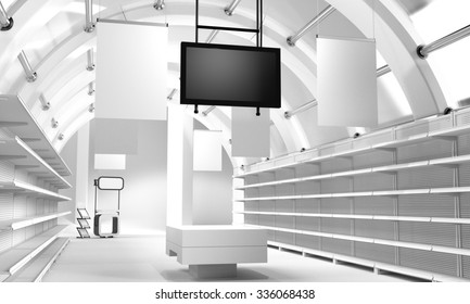 Interior Of A Store With Empty Shelves. 3D Rendering