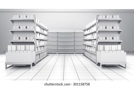 Interior Of A Store With Lots Of Products. 3D Rendering