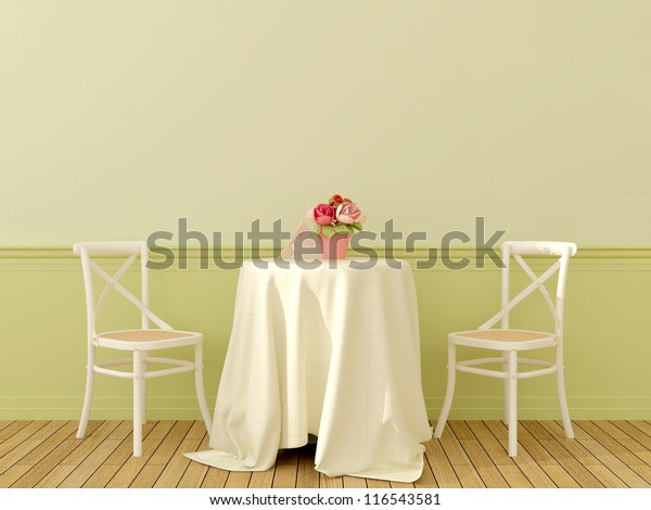 The interior in the style of Provence with two\
white chairs and a coffee table covered with a linen tablecloth on\
soft green\
background
