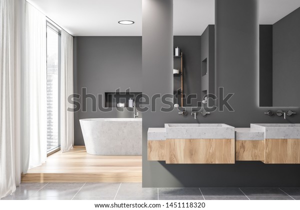 Interior Stylish Bathroom Gray Walls Wooden Stock Illustration 1451118320