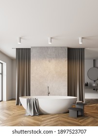 Interior Of Stylish Bathroom With White And Concrete Walls, Concrete Floor, Comfortable Bathtub And Sink With Round Mirror In The Background. 3d Rendering