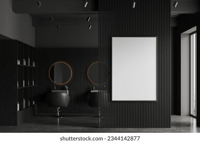 Interior of stylish beauty salon with gray and dark wooden walls, concrete floor, row of gray chairs with round mirrors and shelves with beauty products. Vertical mock up poster. 3d rendering