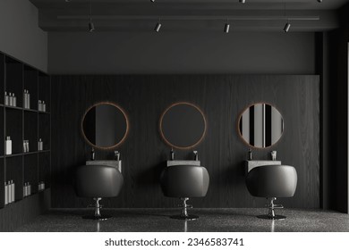 Interior of stylish beauty salon with gray and dark wooden walls, concrete floor, row of gray chairs with round mirrors and shelves with beauty products. 3d rendering - Powered by Shutterstock