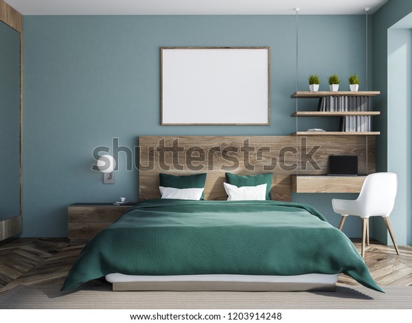 Interior Stylish Bedroom Blue Walls Wooden Stock Illustration