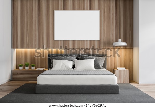 Interior Stylish Bedroom White Wooden Walls Stock Illustration