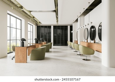 Interior of stylish hairdressing salon beauty nail studio with white walls, concrete floor, row of green mint chairs standing in front of round mirrors and tables for nail and makeup. 3d rendering - Powered by Shutterstock