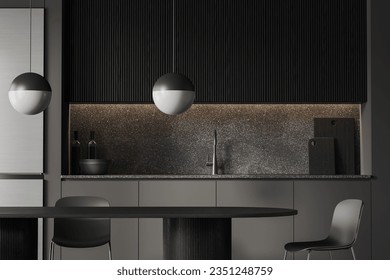 Interior of stylish kitchen with gray walls, dark wooden cupboards, comfortable gray cabinets with built in sink and long dining table with chairs in foreground. 3d rendering - Powered by Shutterstock