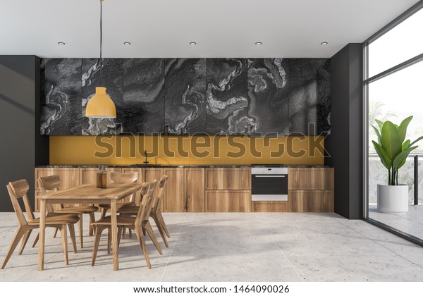 Interior Stylish Kitchen Gray Yellow Walls Stock