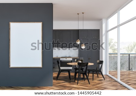 Interior of stylish kitchen with white and marble walls, gray countertops and cupboards, round dining table with black chairs and balcony with loft window. Vertical mock up poster frame. 3d rendering