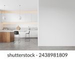 Interior of stylish kitchen with white walls, concrete floor, white cupboards and cabinets and cozy white and wooden island with stools. Copy space wall on the right. 3d rendering