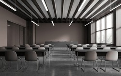Interior Of Stylish Lecture Hall With Brown Walls, Concrete Floor, Rows Of Desks With Brown Chairs And Dark Wooden Lecturers Table. 3d Rendering