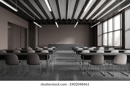 Interior of stylish lecture hall with brown walls, concrete floor, rows of desks with brown chairs and dark wooden lecturers table. 3d rendering - Powered by Shutterstock