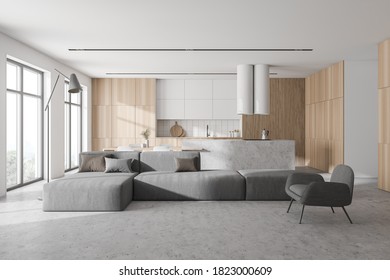 Interior of stylish living room with white and wooden walls, concrete floor, gray armchair and sofa and kitchen in background. 3d rendering - Shutterstock ID 1823000609