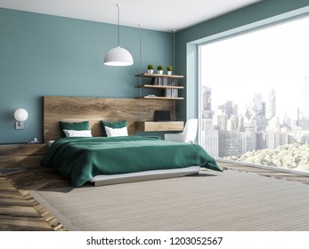 Interior of stylish loft bedroom with blue walls, wooden floor, green master bed and neat computer table in the corner. 3d rendering
