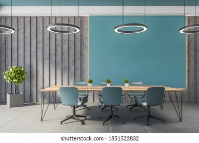 Interior Of Stylish Office Meeting Room With Blue And Gray Walls, Tiled Floor And Long Conference Table With Blue Chairs. 3d Rendering