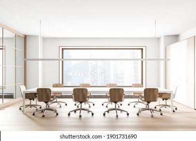 Interior Of Stylish Office Meeting Room With White Walls, Wooden Floor, Long Table With Beige Chairs And Big Window With Blurry Cityscape. 3d Rendering