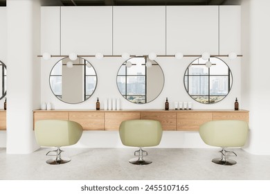 Interior of stylish public beauty salon hairdresser studio with white walls, concrete floor, row of green mint chairs standing in front of round mirrors and wooden counters. 3d rendering - Powered by Shutterstock