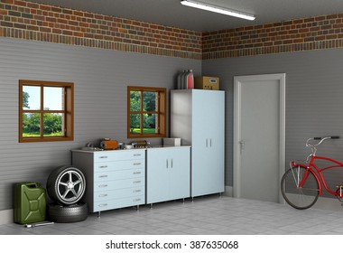 The Interior Suburban Garage With Car Parts.