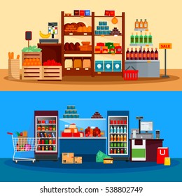 Interior Of Supermarket Banners With Beverages Cheese Meat In Refrigerators Scales And Checkout Counter Isolated  Illustration 