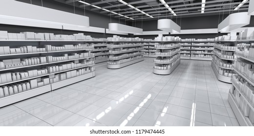 Interior Of A Supermarket With Shelves For Goods. 3d Illustration