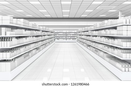 Interior Of A Supermarket With Shelves For Goods. 3d Illustration