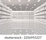 Interior of a supermarket with shelves for varied goods. 3d rendering illustration